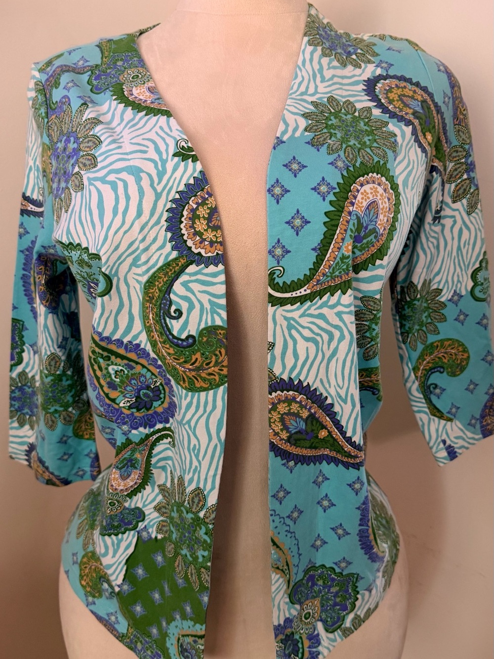 d&co Paisley Zebra Print Open Front Cardigan S Y2K Boho Artsy Festival